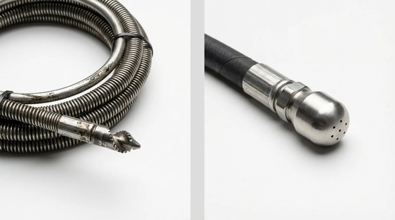 Drain snake cable and hydro jetting nozzle used for drain cleaning in Rochester, WI