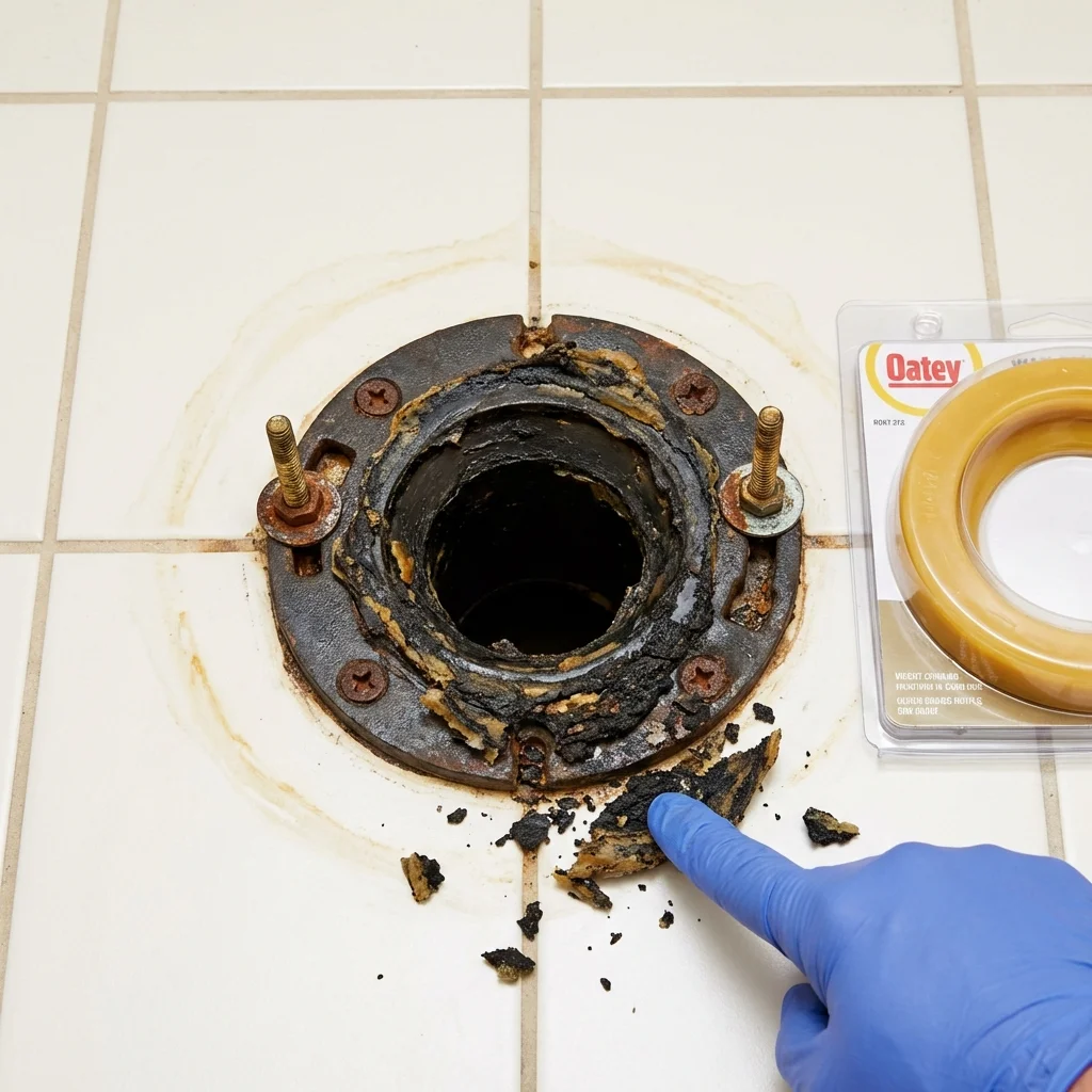 Failed wax ring showing water seepage at the base of a toilet in a Rochester, WI home