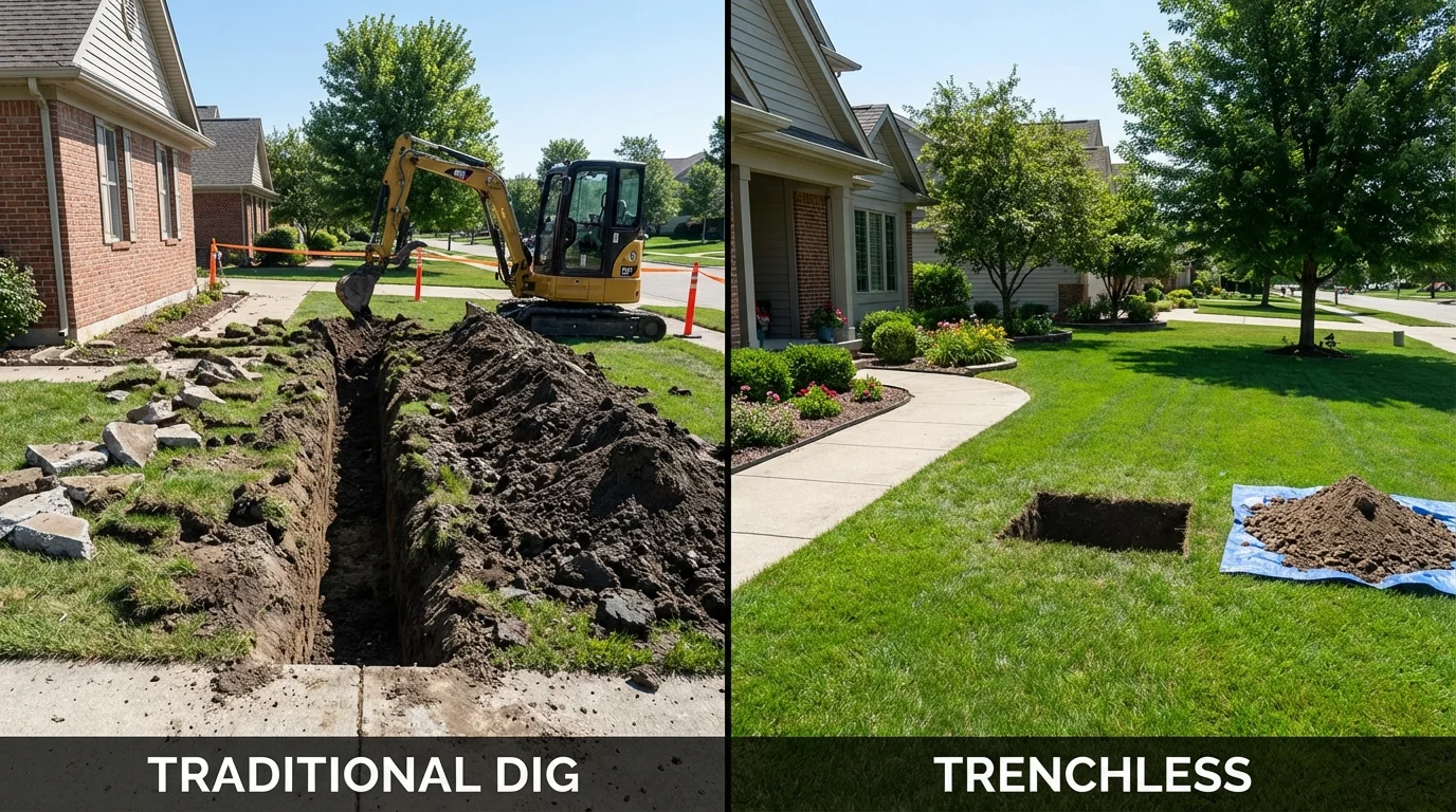 Trenchless sewer repair with minimal yard damage versus traditional excavation in Rochester, WI