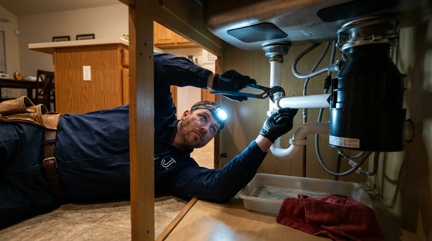 P-trap and supply line connections under a kitchen sink showing a common leak point in Rochester, WI